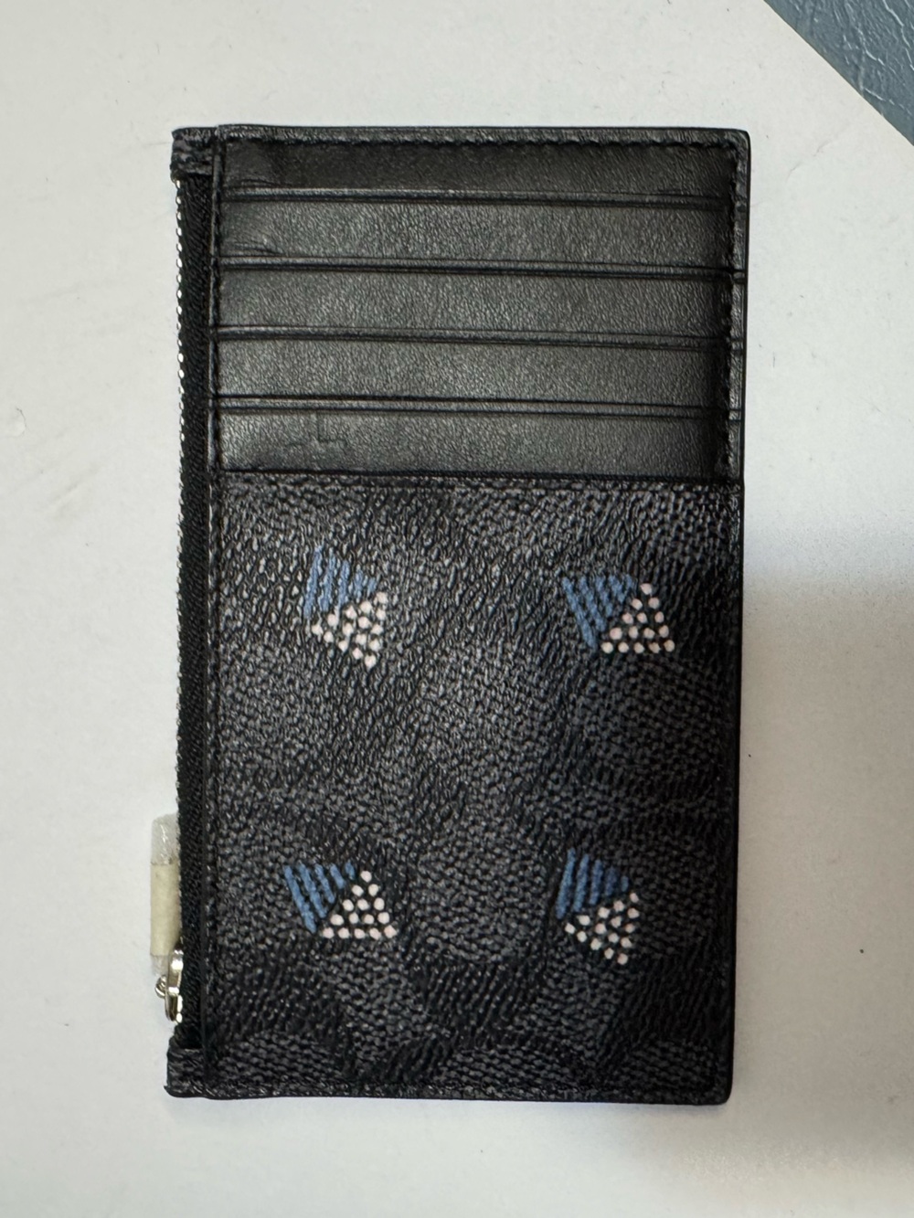 Coach Card Holder Wallet Zip Top Slim Black Signature Print ID Credit Card Case